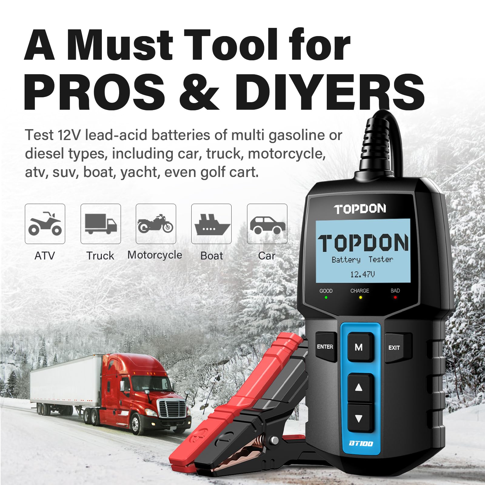 Car Battery Load Tester Digital Cranking - TOPDON BT100 12V Digitale Accu-analysator, Auto-belastingsmeter,