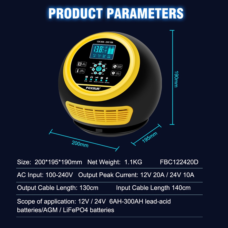 Super Sale FOXSUR 20A/12V 10A/ - Smart Car Battery Charger 12V 24V 20A recensie en prijs